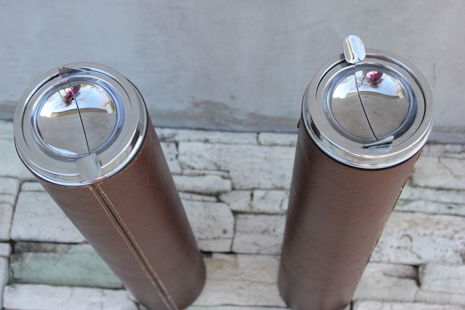 Set Of Floor Ashtrays Brown Leather And Brass Mid Century Standing Portable Pair photo Home Decor