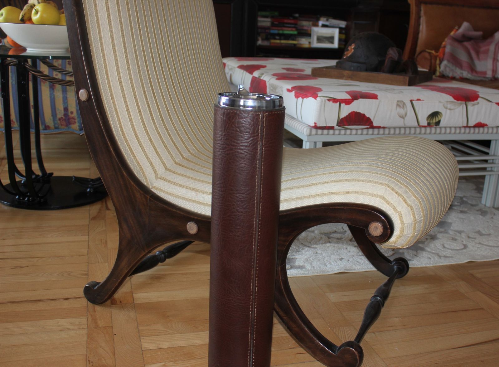Set Of Floor Ashtrays Brown Leather And Brass Mid Century Standing Portable Pair photo vintage