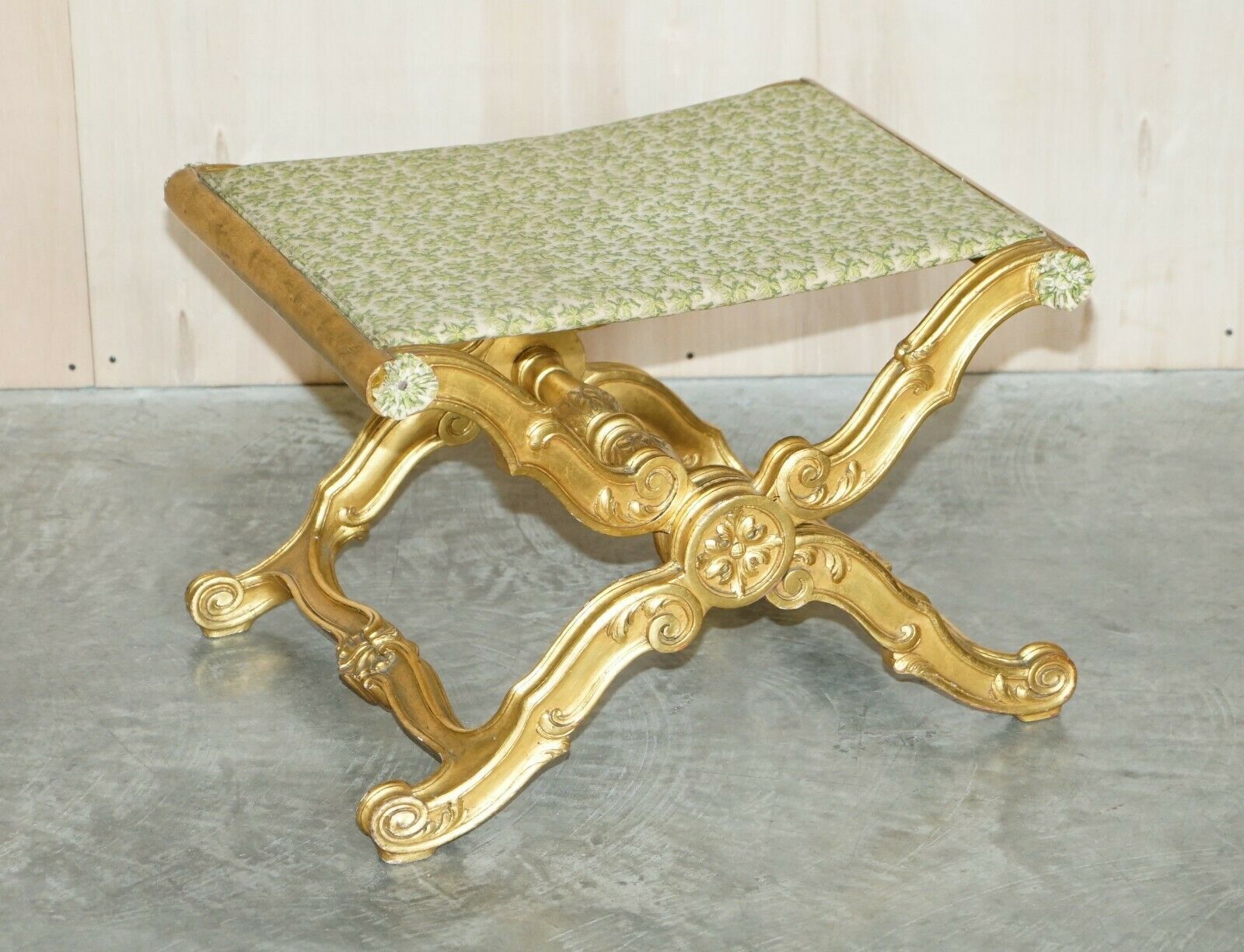 Stunning Antique 19th Century Hand Carved Giltwood Pliant X Frame Folding Stool