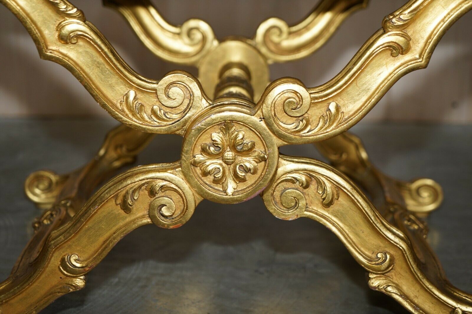 Stunning Antique 19th Century Hand Carved Giltwood Pliant X Frame Folding Stool photo vinterior