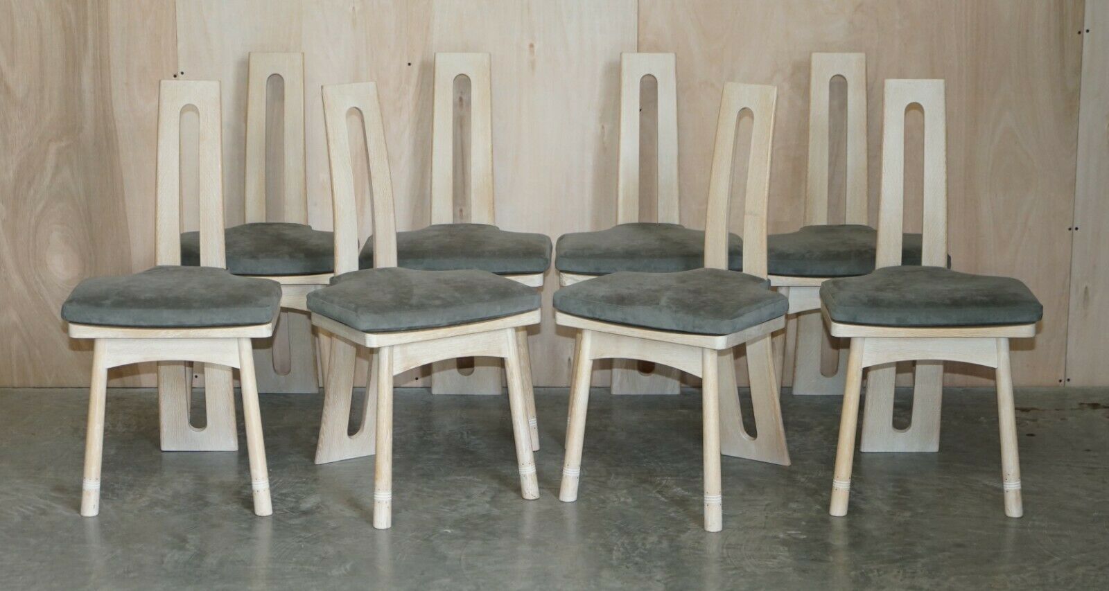 photo furniture Limed Oak & Pewter Inlaid David Gregson Arts & Crafts Dining Table & 8 Chairs