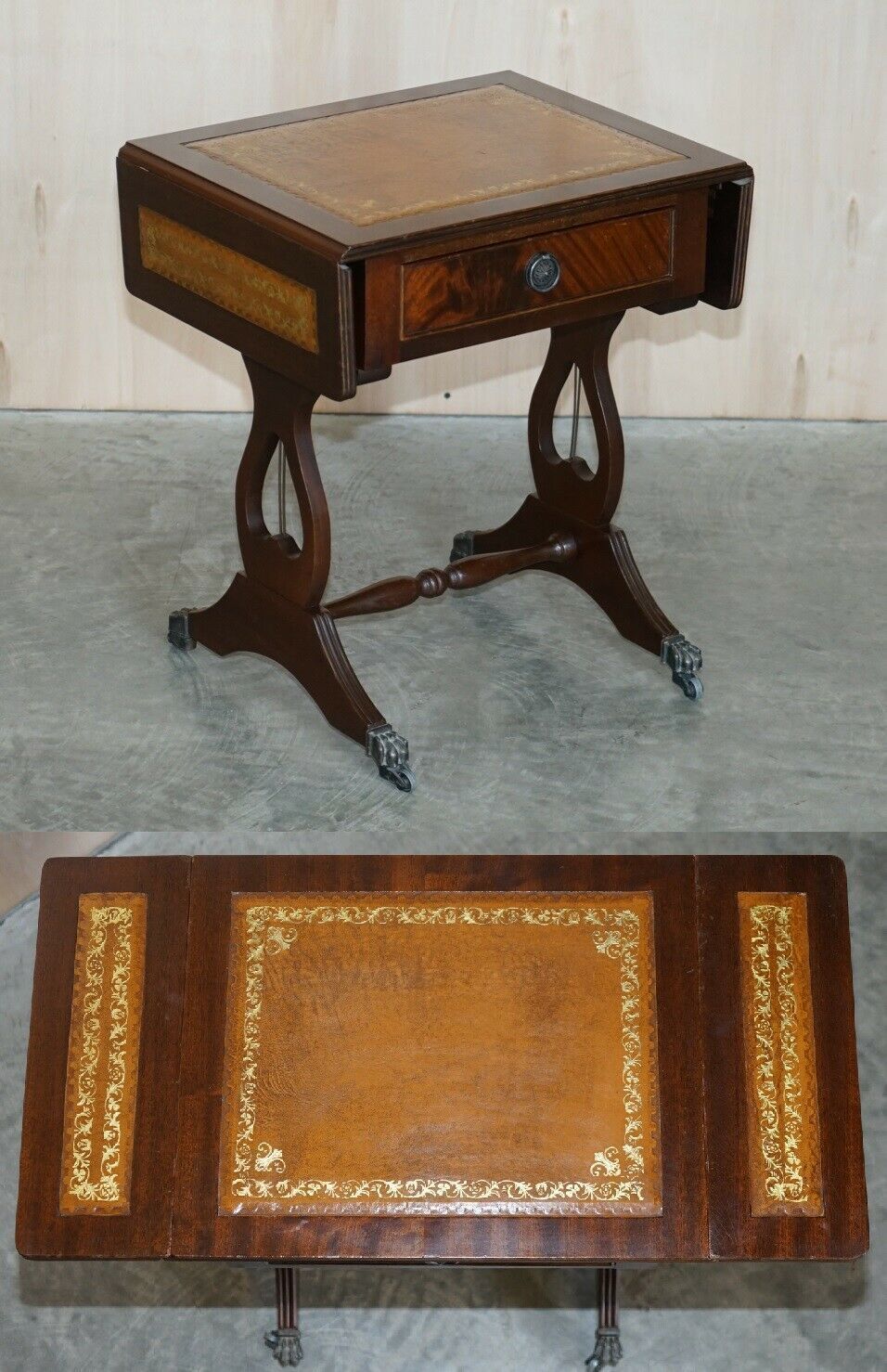 Vintage Brown Leather Gold Leaf Side End Table Extending Top Great Games Table