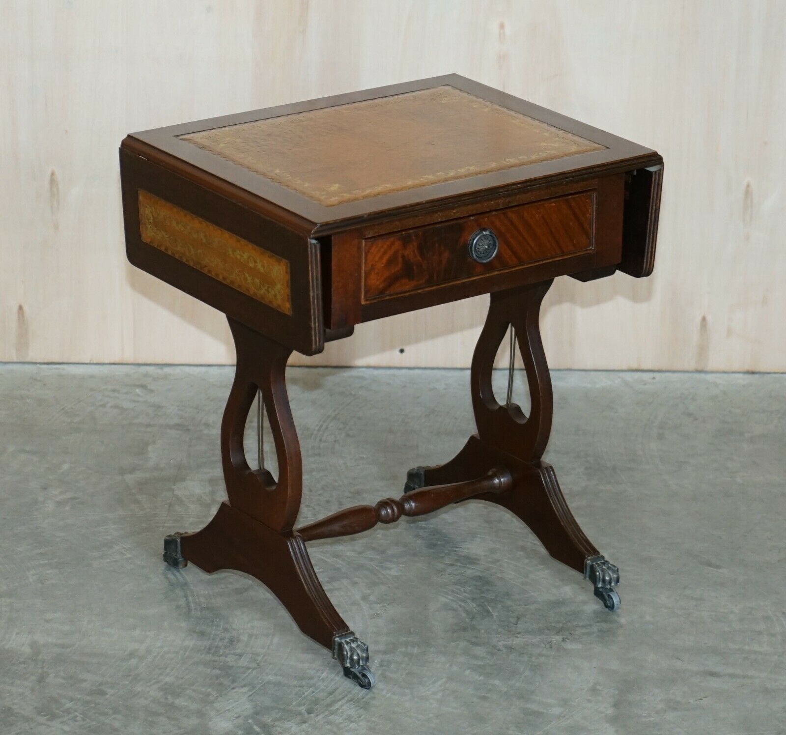 Vintage Brown Leather Gold Leaf Side End Table Extending Top Great Games Table photo furniture