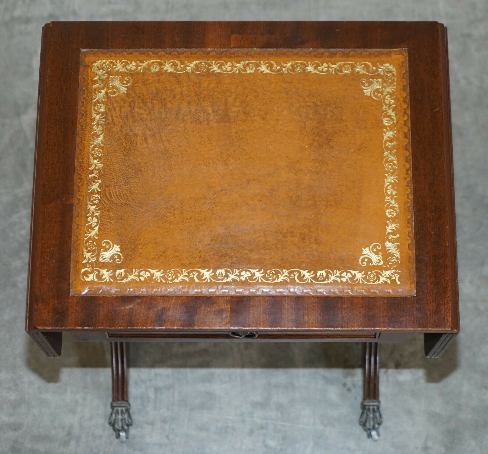 Vintage Brown Leather Gold Leaf Side End Table Extending Top Great Games Table photo Furniture