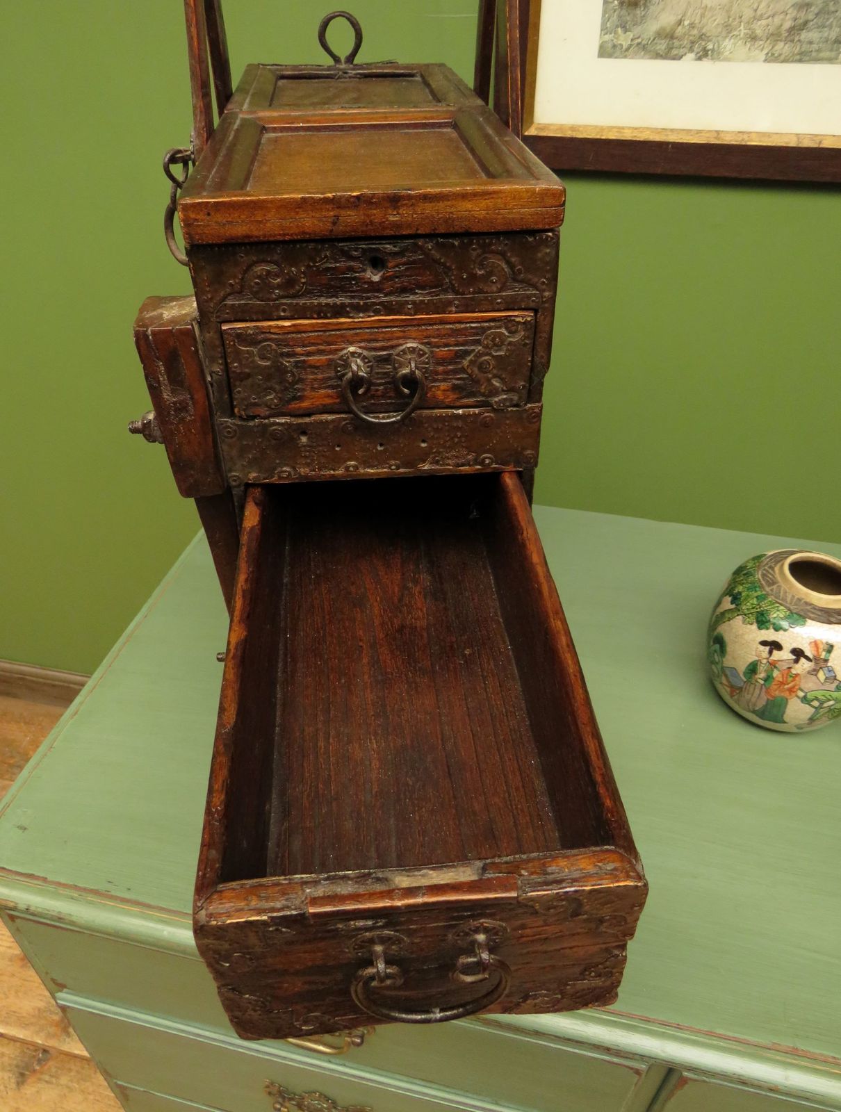 photo vinterior Rare Antique Japanese Wooden Merchants Or Calligraphy Chest With Stand