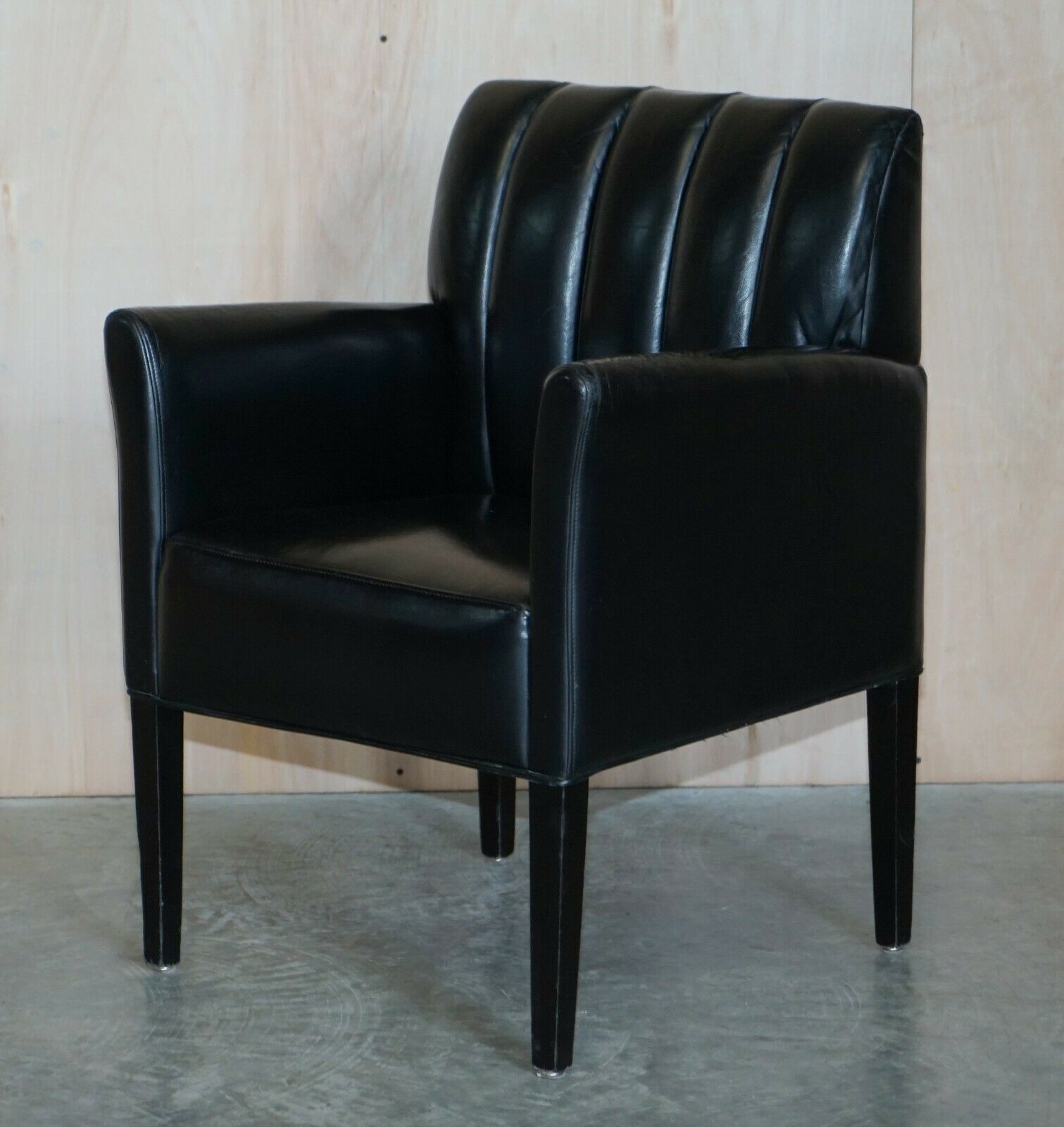 Pair Of Restored Art Deco Mid Century Modern Style Fluted Back Leather Armchair photo furniture