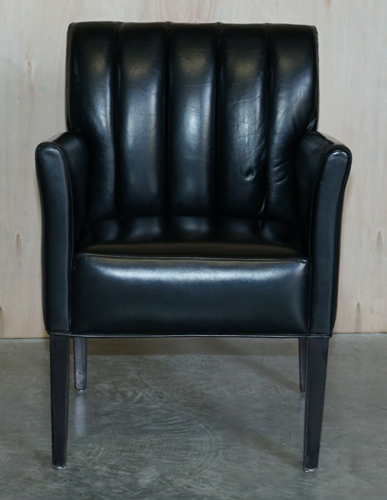 Pair Of Restored Art Deco Mid Century Modern Style Fluted Back Leather Armchair photo for sale