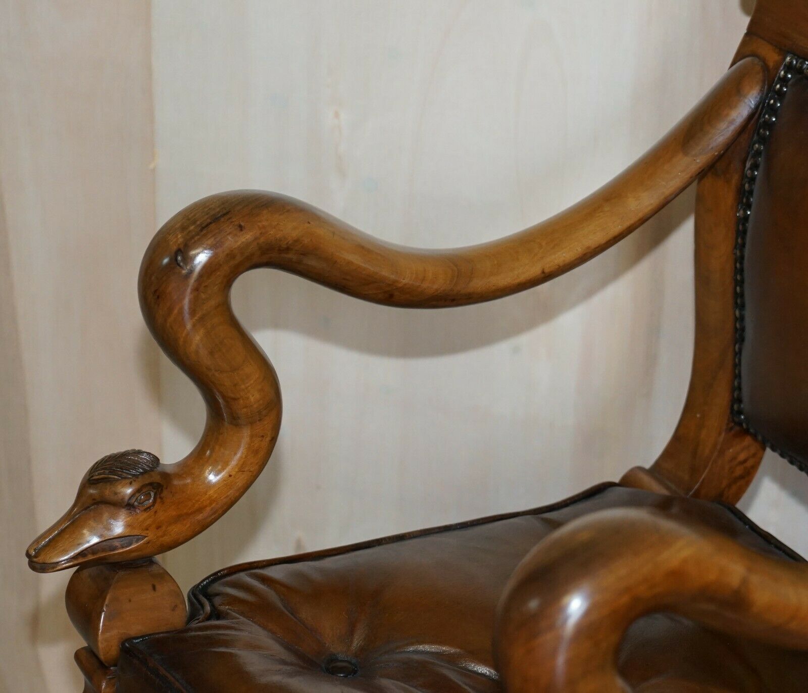 Antique Dolphin Arm Venetian Grotto Swivel Brown Leather Chesterfield Armchair photo vinterior
