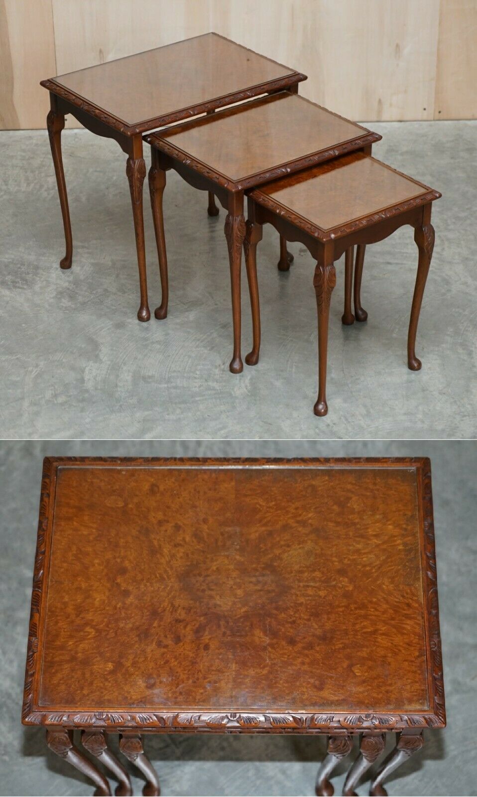 Lovely Vintage Burr Walnut Regency Style Nest Of Three Side End Lamp Tables