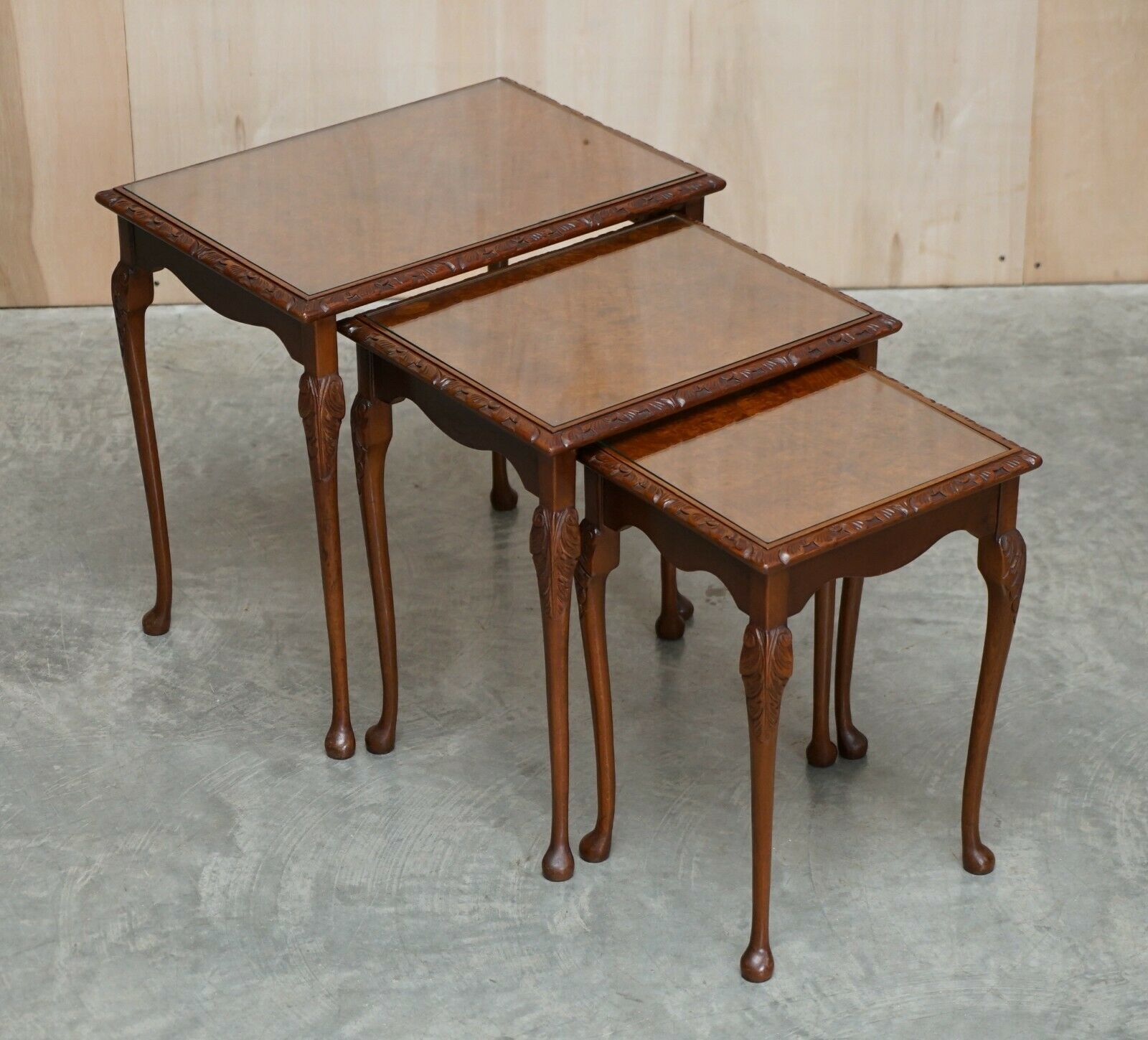 Lovely Vintage Burr Walnut Regency Style Nest Of Three Side End Lamp Tables photo furniture