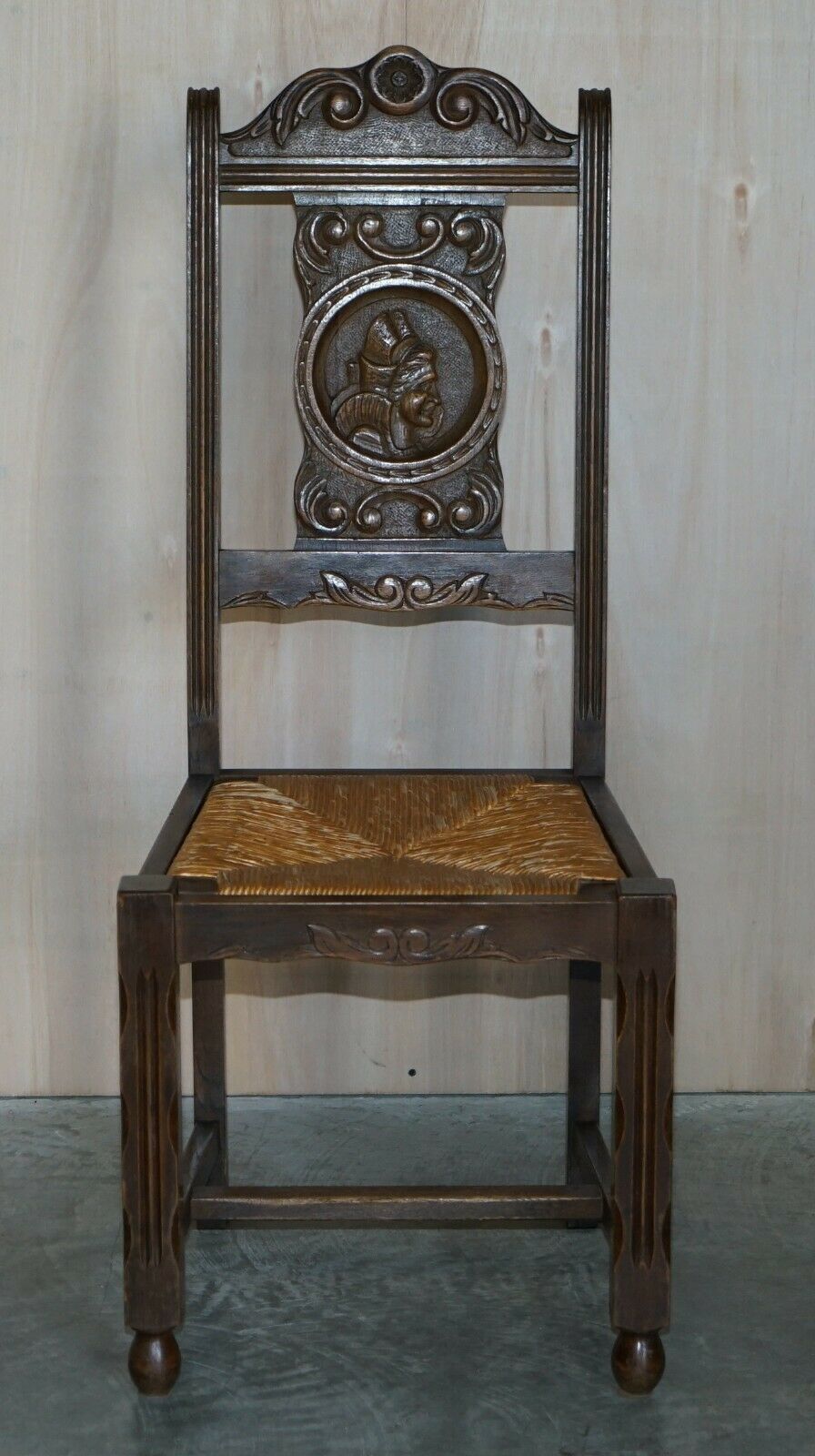 photo for sale Stunning Pair Of Antique Circa 1920 Rush Seat Hand Carved Oak Brittany Chairs