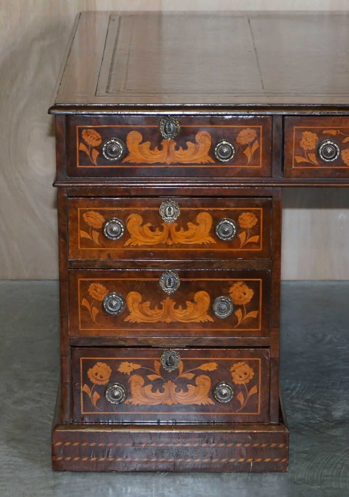 Antique Restored Dutch Marquetry Inlaid Double Sided Twin Pedestal Partners Desk photo for sale