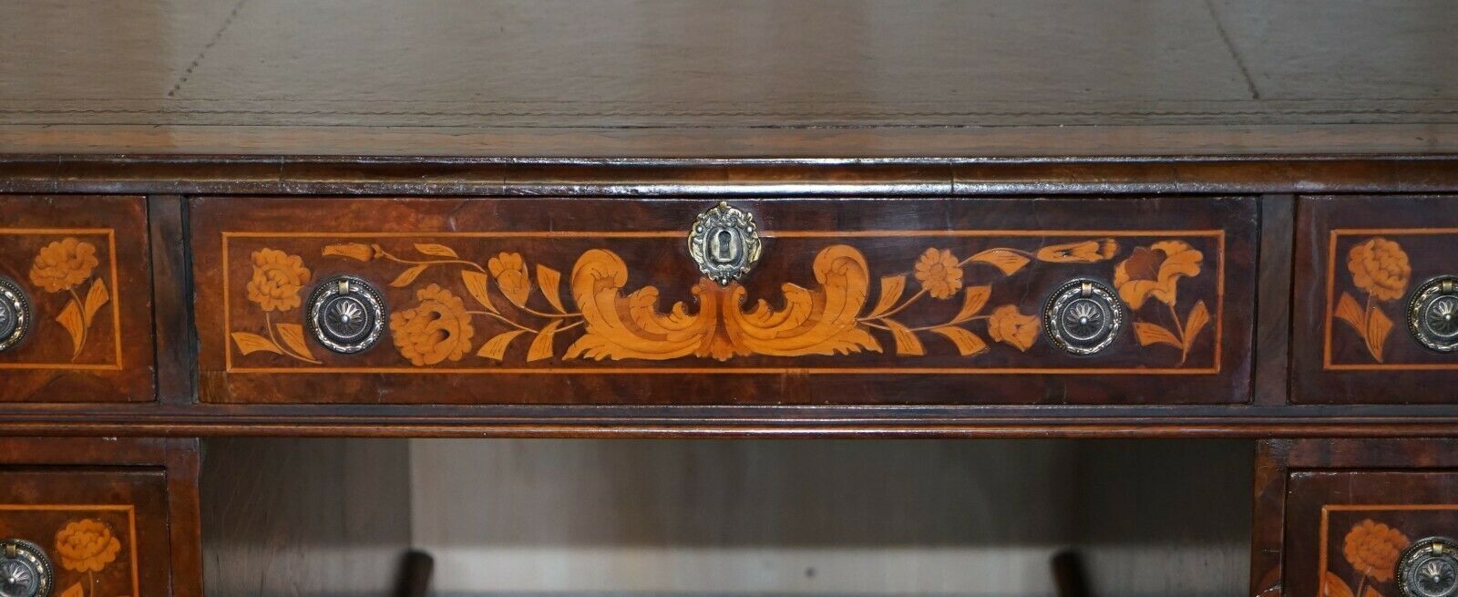 Antique Restored Dutch Marquetry Inlaid Double Sided Twin Pedestal Partners Desk photo 15000.0