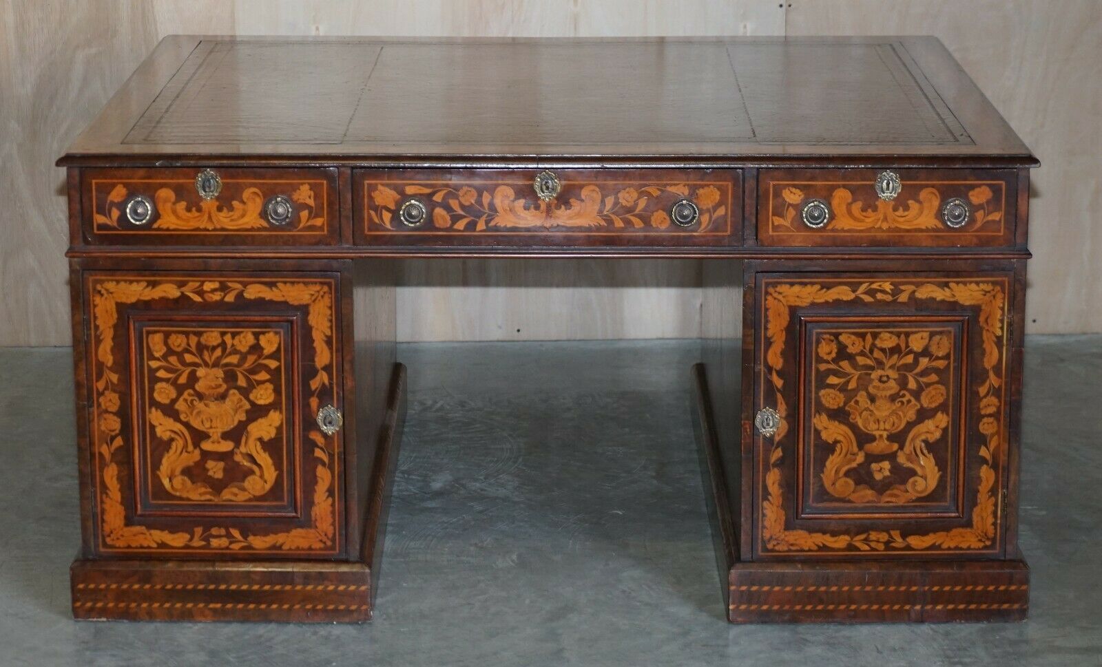 photo furniture Antique Restored Dutch Marquetry Inlaid Double Sided Twin Pedestal Partners Desk