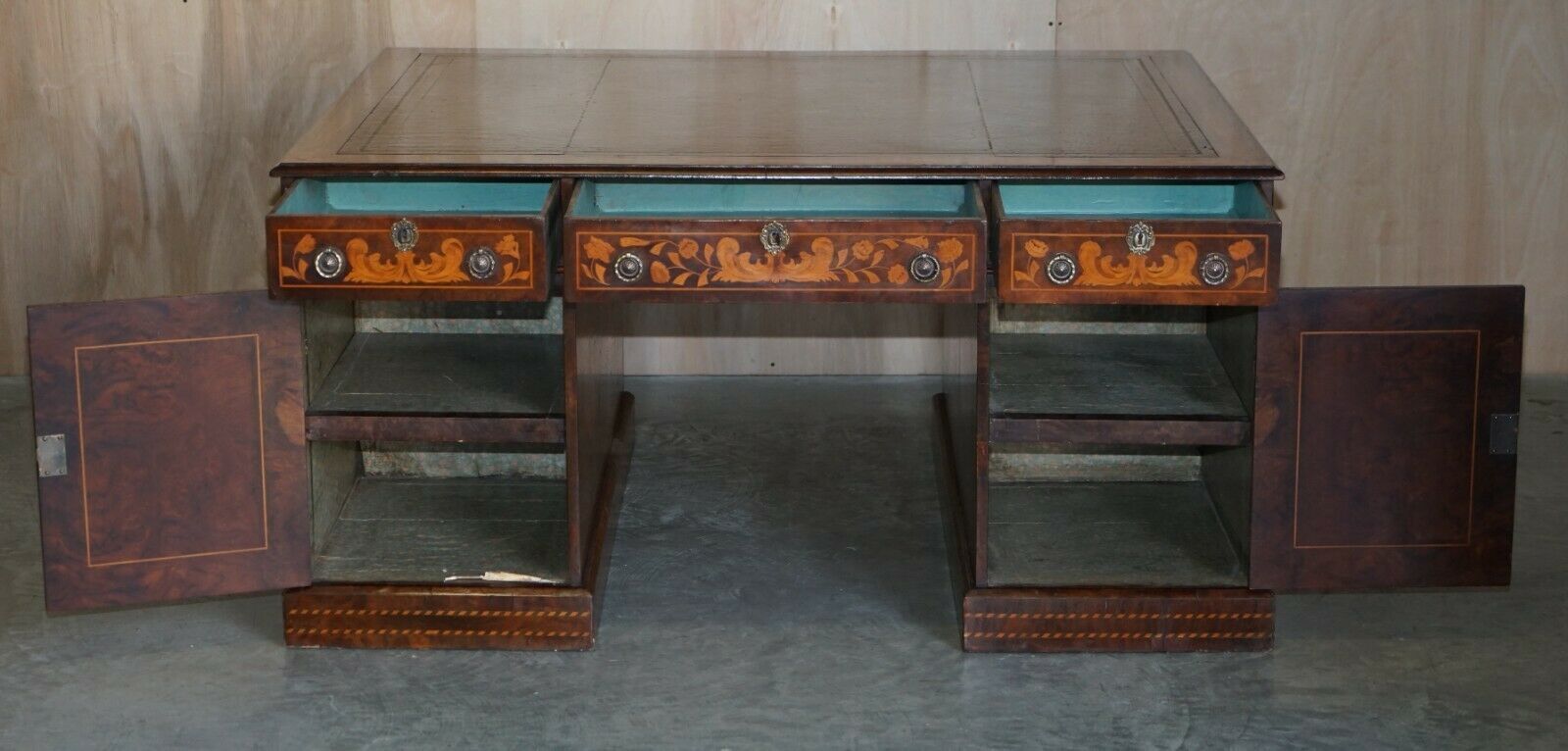photo for sale Antique Restored Dutch Marquetry Inlaid Double Sided Twin Pedestal Partners Desk