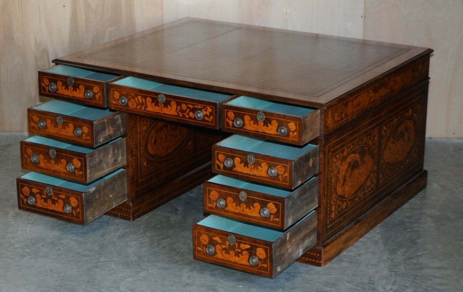 15000.0 Antique Restored Dutch Marquetry Inlaid Double Sided Twin Pedestal Partners Desk photo
