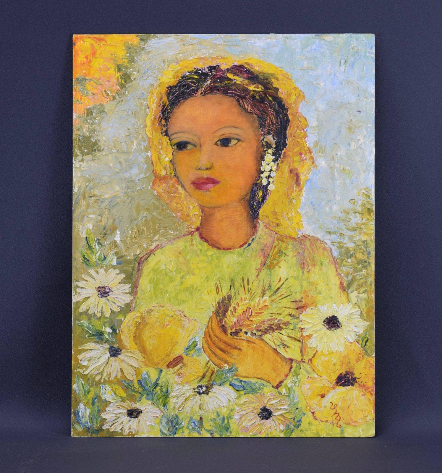 Yellow Oil Painting Woman Portrait Flowers photo furniture