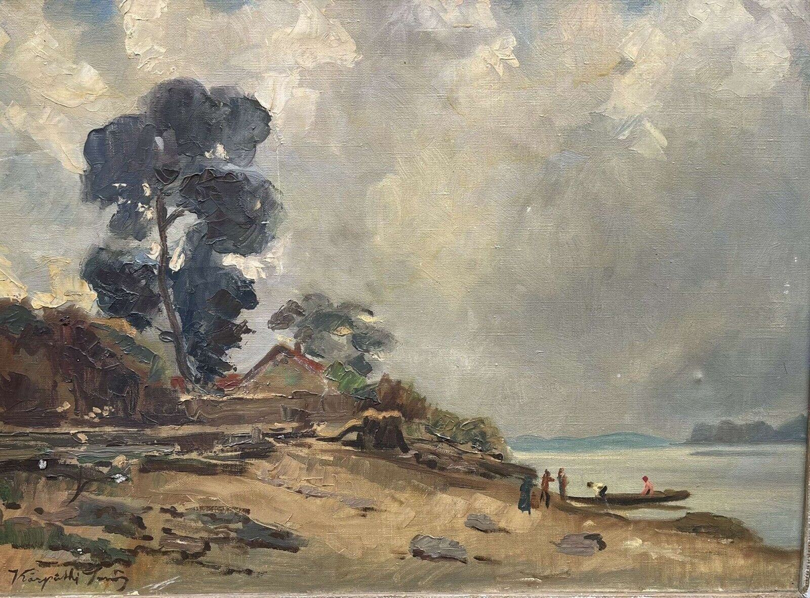 Impressionist Oil On Canvas Beach Scene Jeno Karpathy photo vinterior