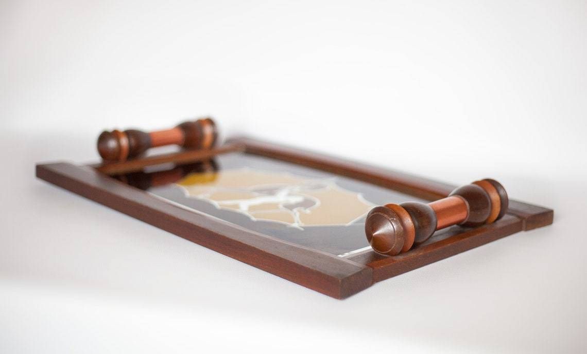 Art Deco Wood Tray, Art Deco Tray, Service Tray, Doe Pattern Mirror, Decorative Tray, Servant, Kitchen, Decoration, Wooden Tray photo buy