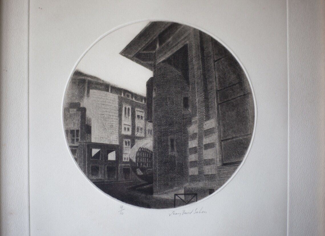 Painting Signed Jean David Saban, Black And White Drawing Signed And Numbered, Black And White, Wall Decoration, Perspective, Architecture, 80's photo furniture