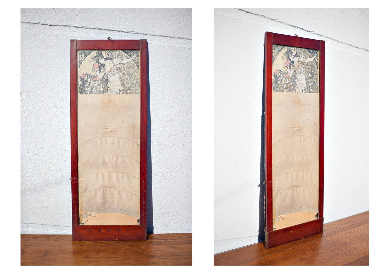 Old Art Nouveau Embroidery Frame, Wall Frame, Mucha Style Silk Embroidery, Art Nouveau Wood Photo Frame
