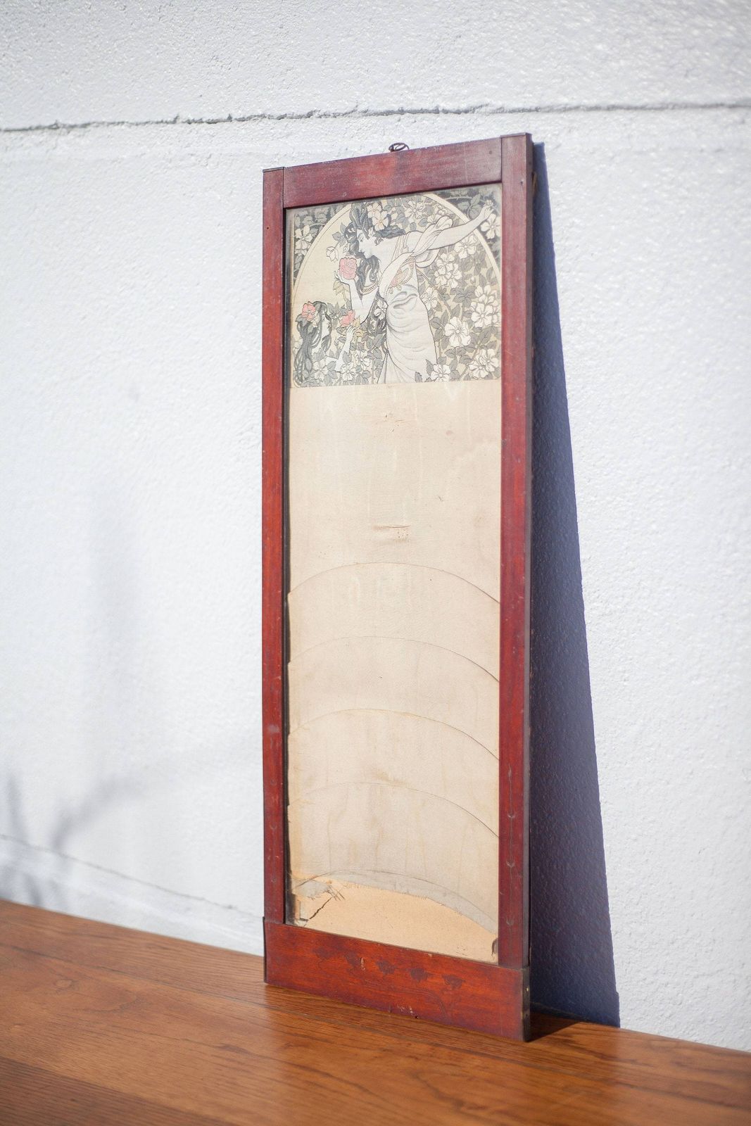 Old Art Nouveau Embroidery Frame, Wall Frame, Mucha Style Silk Embroidery, Art Nouveau Wood Photo Frame photo for sale