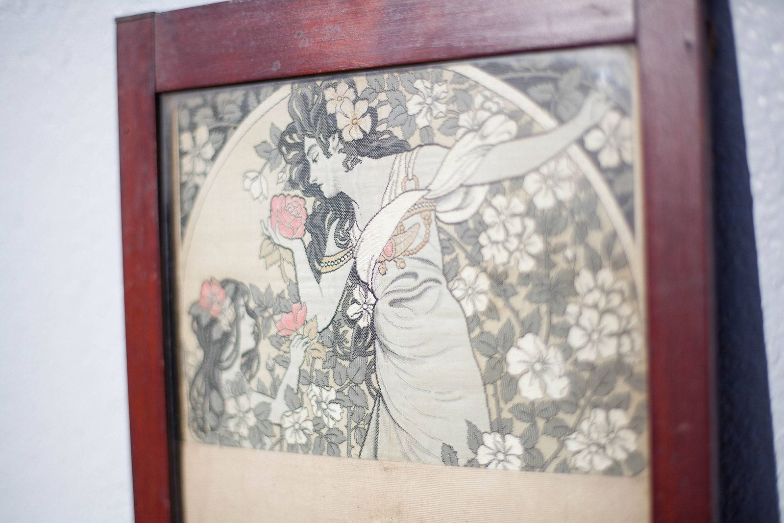 Old Art Nouveau Embroidery Frame, Wall Frame, Mucha Style Silk Embroidery, Art Nouveau Wood Photo Frame photo vinterior