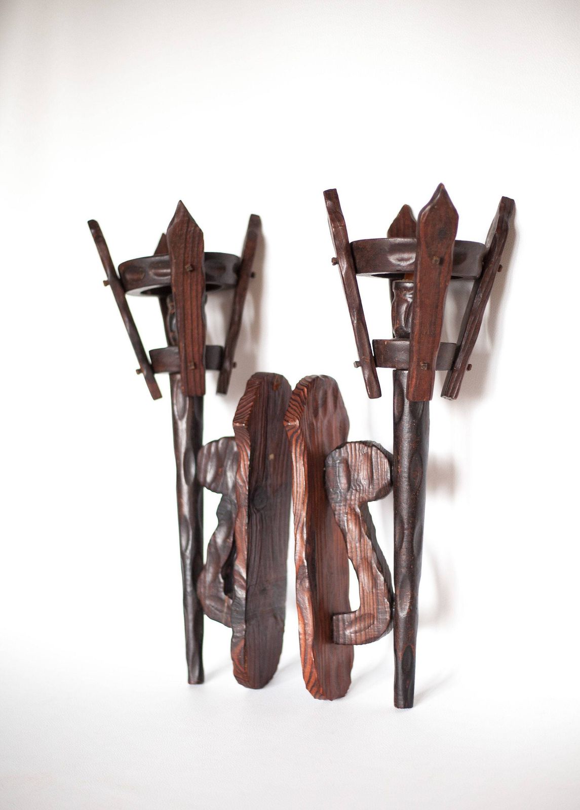 photo furniture Pair Of Brutalist Wood Wall Candle Holders, Interior Design, Chalet, Countryside