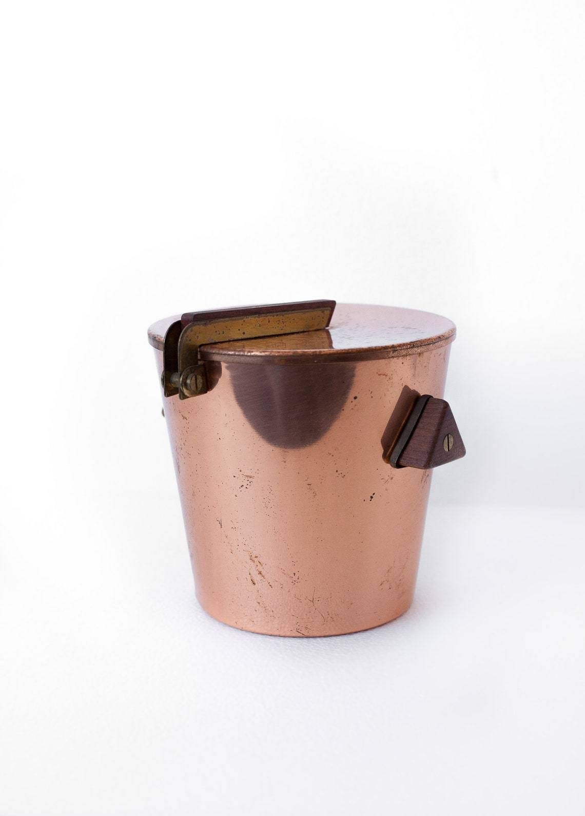 Vintage Ice Bucket, Copper Ice Bucket, Wood Handles, Cooler, Cool Bottle, Ice Bucket, Icebucket, Copper, Mid Century photo furniture