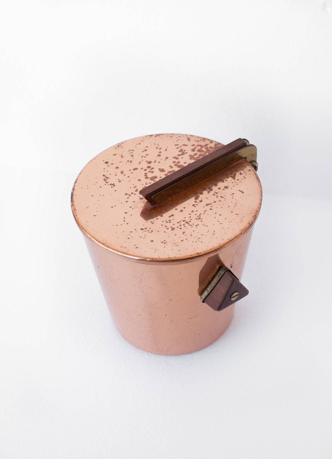 Vintage Ice Bucket, Copper Ice Bucket, Wood Handles, Cooler, Cool Bottle, Ice Bucket, Icebucket, Copper, Mid Century photo for sale