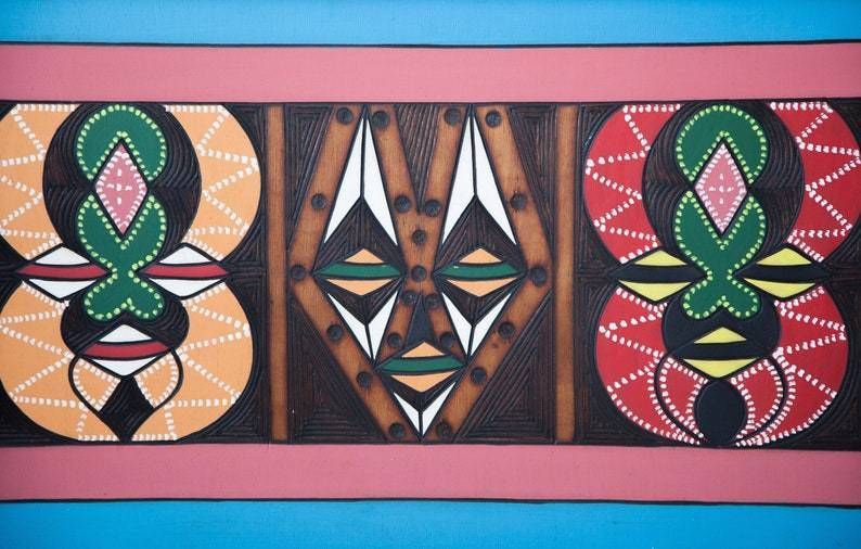 Vintage Painting  Wood Panel Signed  African Mask Pyrogravure Geometrical Modernist Ethnic 70's photo furniture
