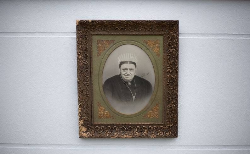 Old Framed Portrait Black And White Photo Table Woman's