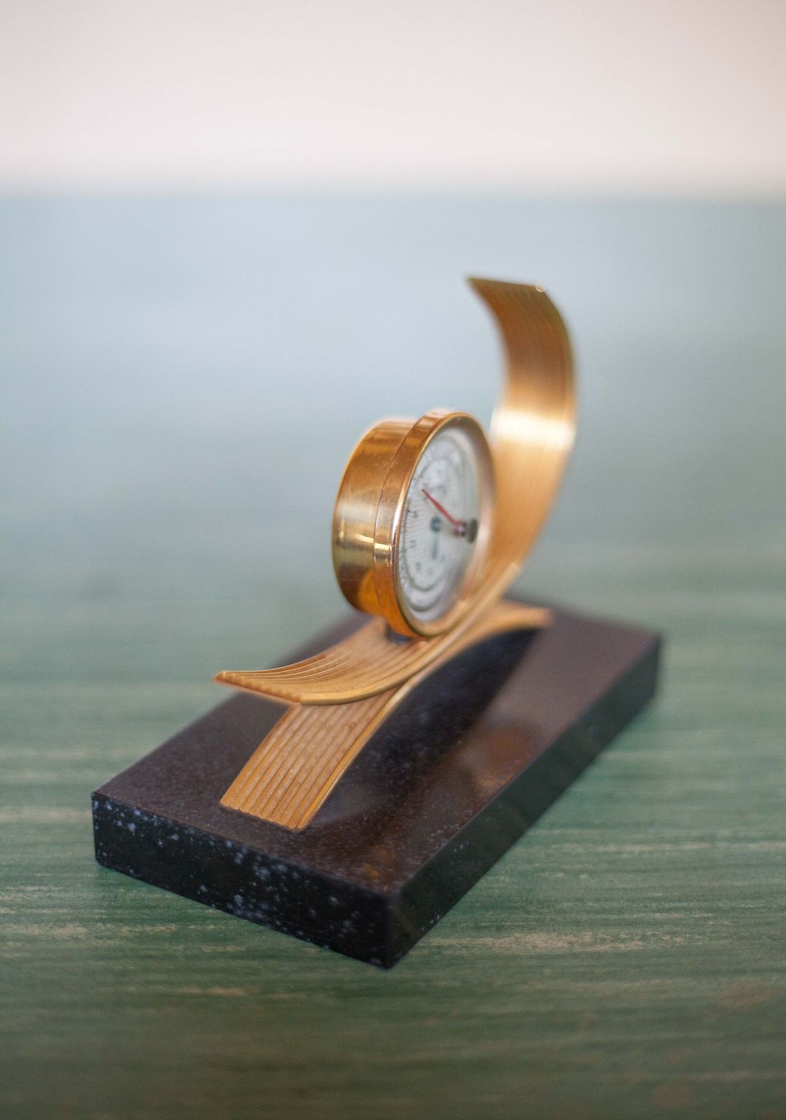 Pair Of Gold Starry Bookends, Thermometer And Barometer, Clipboard, Modernist, Library, Office, Paperweight, Bookends photo vinterior