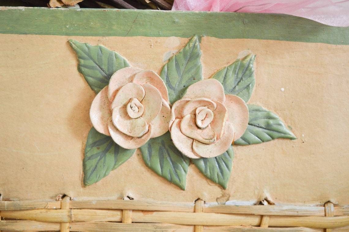 Antique French Shabby Chic Paper Mache Basket With Handle, Beautiful Hand Crafted Storage Letter Organizer With Wooden Roses And Leaves photo furniture
