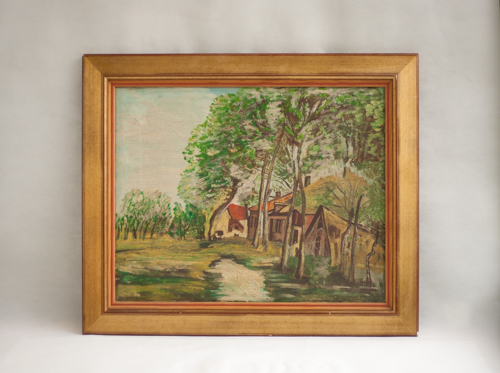 Vintage Oil Painting, Framed Canvas, Landscape, Lush Nature Village, Forest, Wall Decoration, Wood Frame,Impressionist,