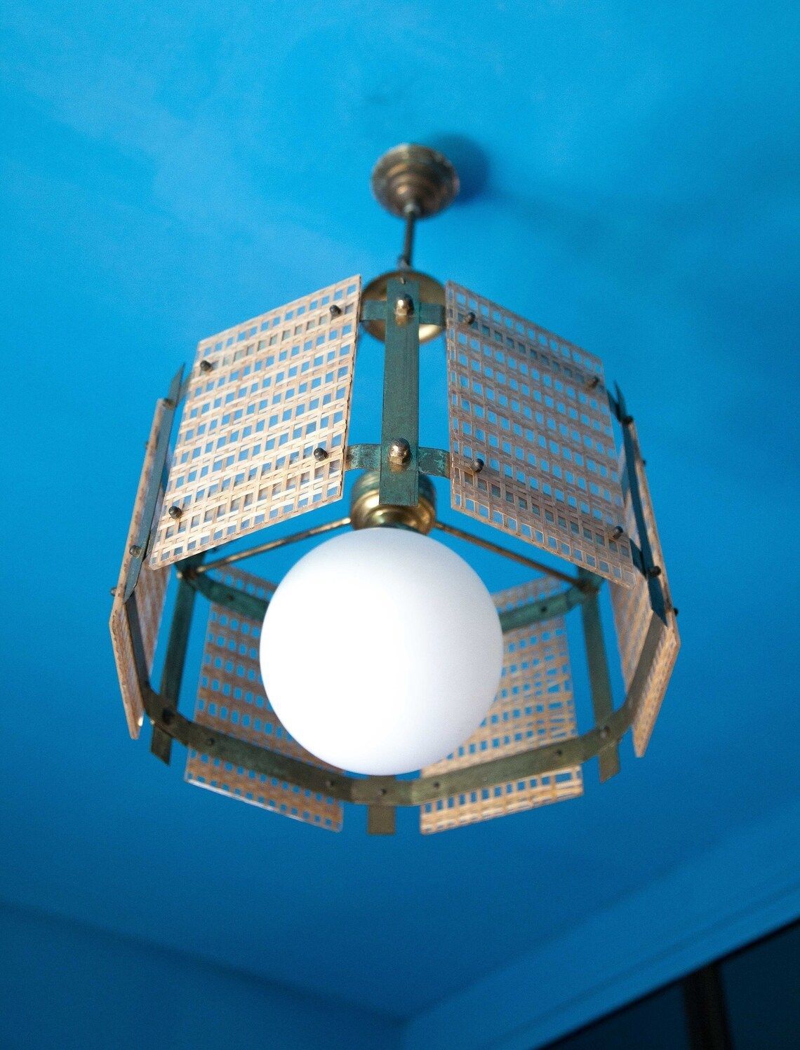 Vintage Pendant Lamp  Plexiglass Rattan Suspension With Brass Frame  Ball Globe  Hexagonal Suspension  Pendant Light 70's photo vintage