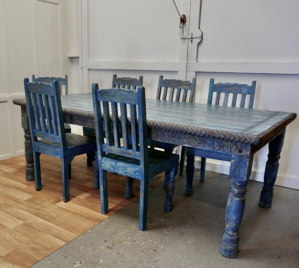 Large Carved Folk Art Painted Table And 6 Chairs