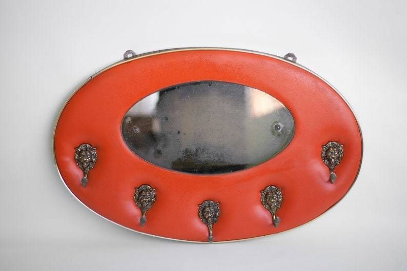 Vintage Coat Rack Orange Skaï  Cloakroom Hooks,Lion  Oval Mirror Entrance  Wall