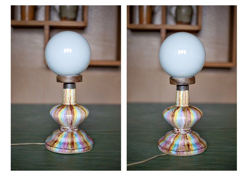 Vintage Lamp To Lay Bedside Table Portuguese Ceramic Wooden Globe Base Opaline Glass Lampshade