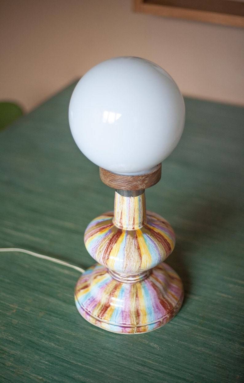 Vintage Lamp To Lay Bedside Table Portuguese Ceramic Wooden Globe Base Opaline Glass Lampshade photo Lighting