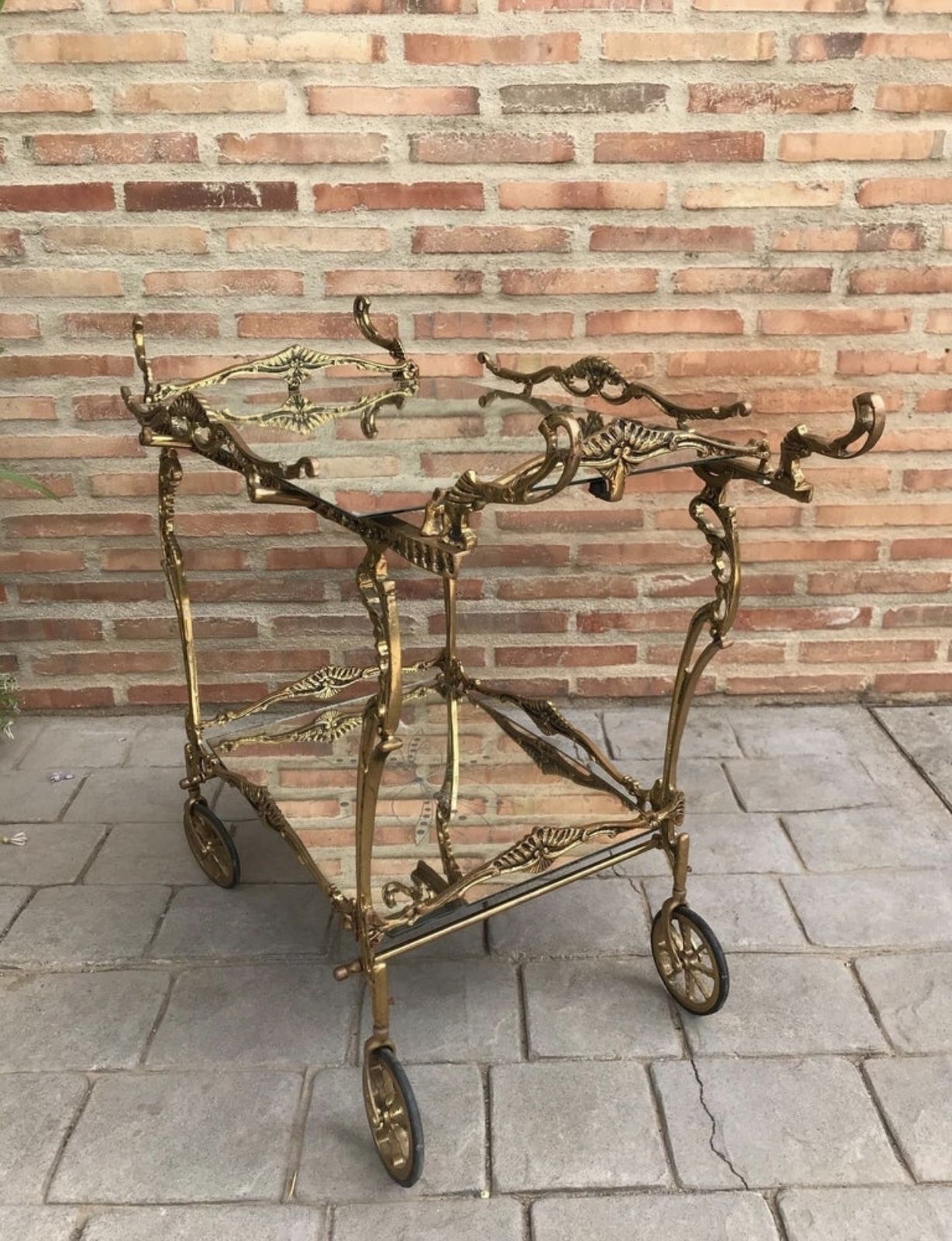 Baroque Style Brass Two Tier Bar Cart, 1950s photo vintage