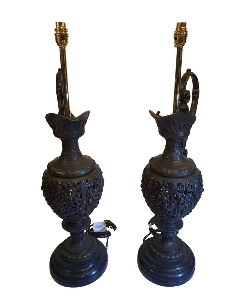 A Rare Pair Of 19th Century Bronze Ewers Converted To Table Lamps photo for sale