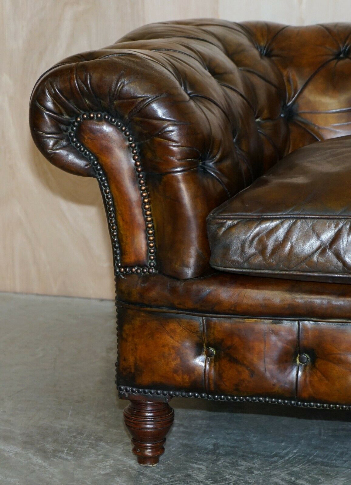 Antique Victorian Chesterfield Tufted Brown Leather Sofa Feather Filled Cushions photo for sale