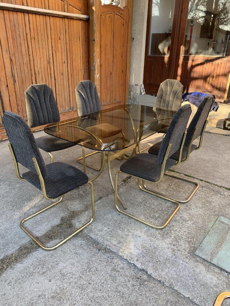Vintage Italian Dining Chairs And Table In Brass, 1970s, Set Of 7 photo 3970.0