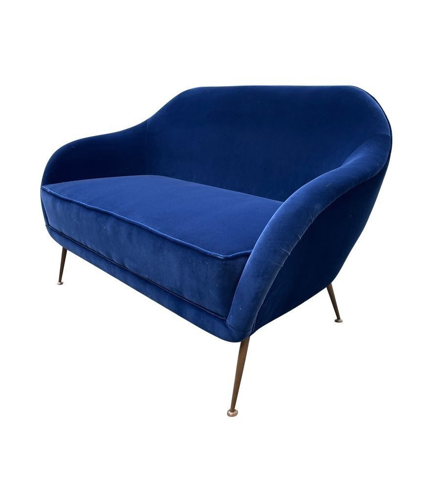 A1950s Italian Two Seater Sofa With Brass Legs Newly Upholstered In Blue Velvet