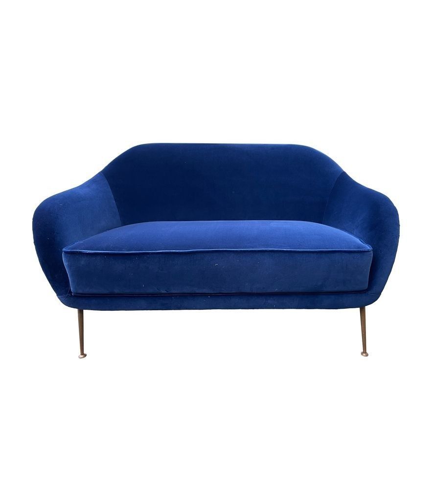 A1950s Italian Two Seater Sofa With Brass Legs Newly Upholstered In Blue Velvet photo furniture