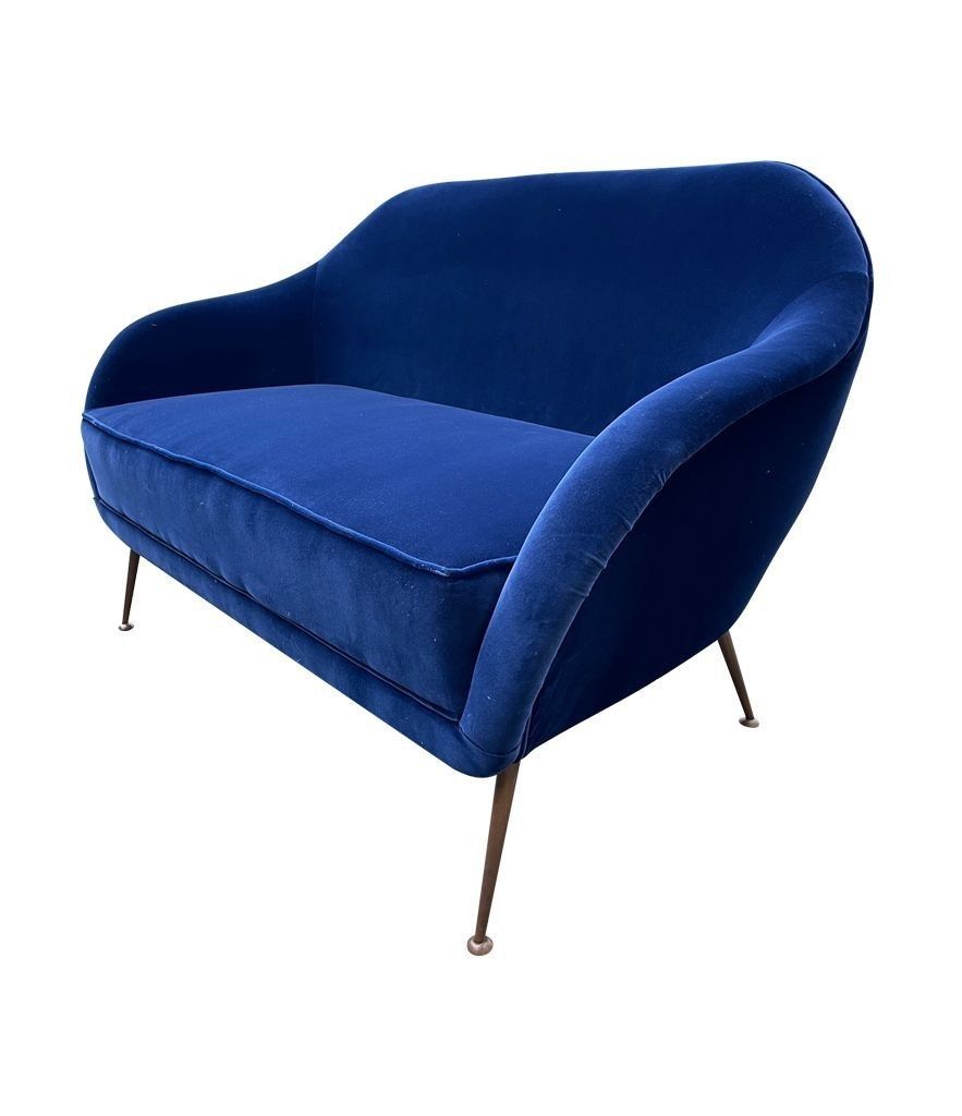 A1950s Italian Two Seater Sofa With Brass Legs Newly Upholstered In Blue Velvet photo 3450.0