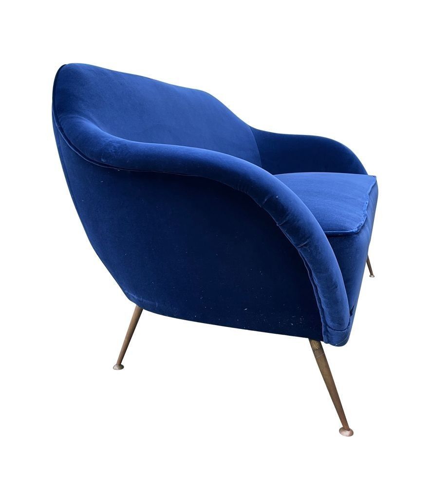 A1950s Italian Two Seater Sofa With Brass Legs Newly Upholstered In Blue Velvet photo vinterior