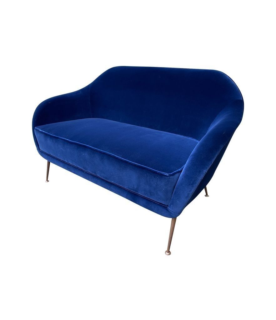photo buy A1950s Italian Two Seater Sofa With Brass Legs Newly Upholstered In Blue Velvet
