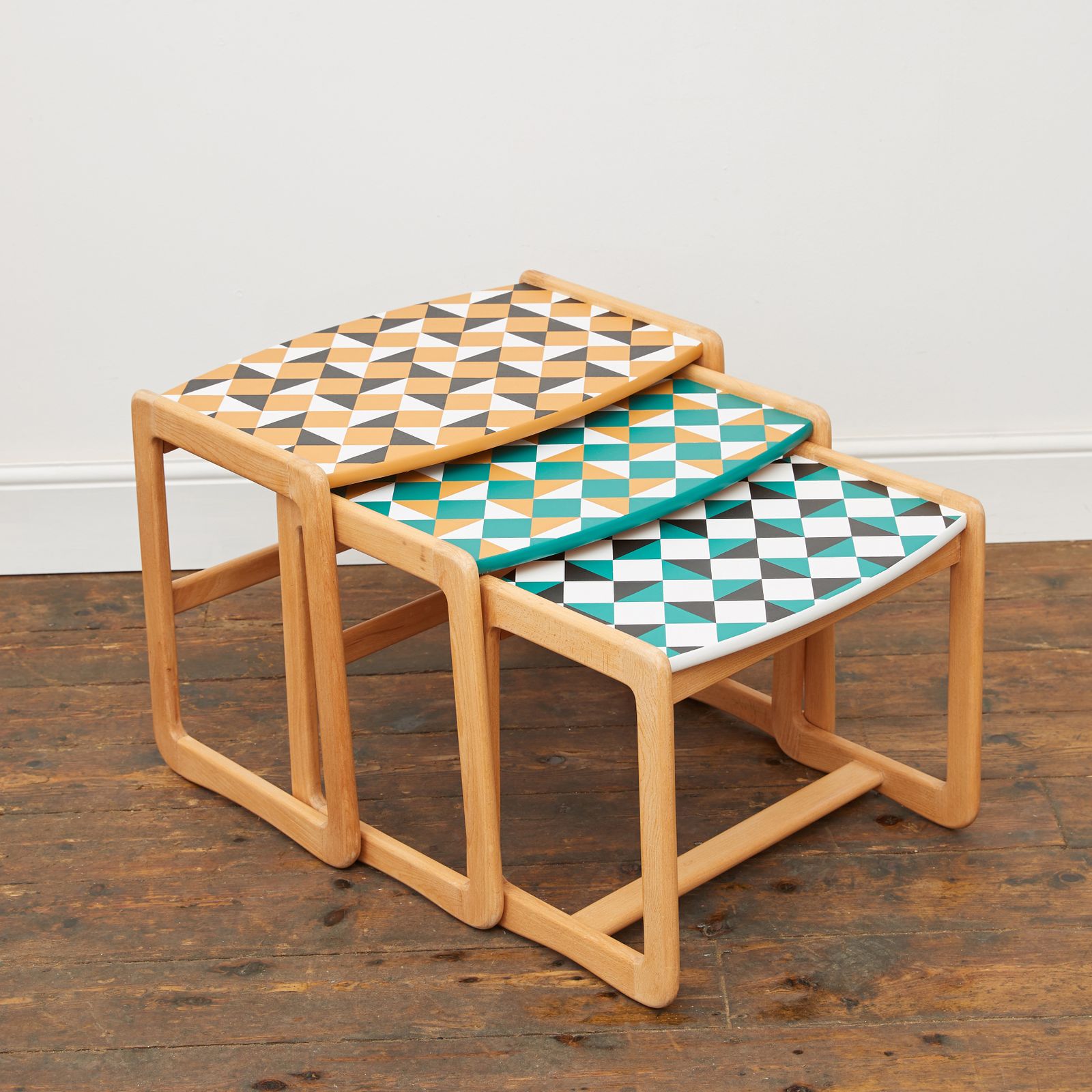 photo furniture Gplan Style Mid Century Nest Of Tables With Hand Painted Geometric Pattern